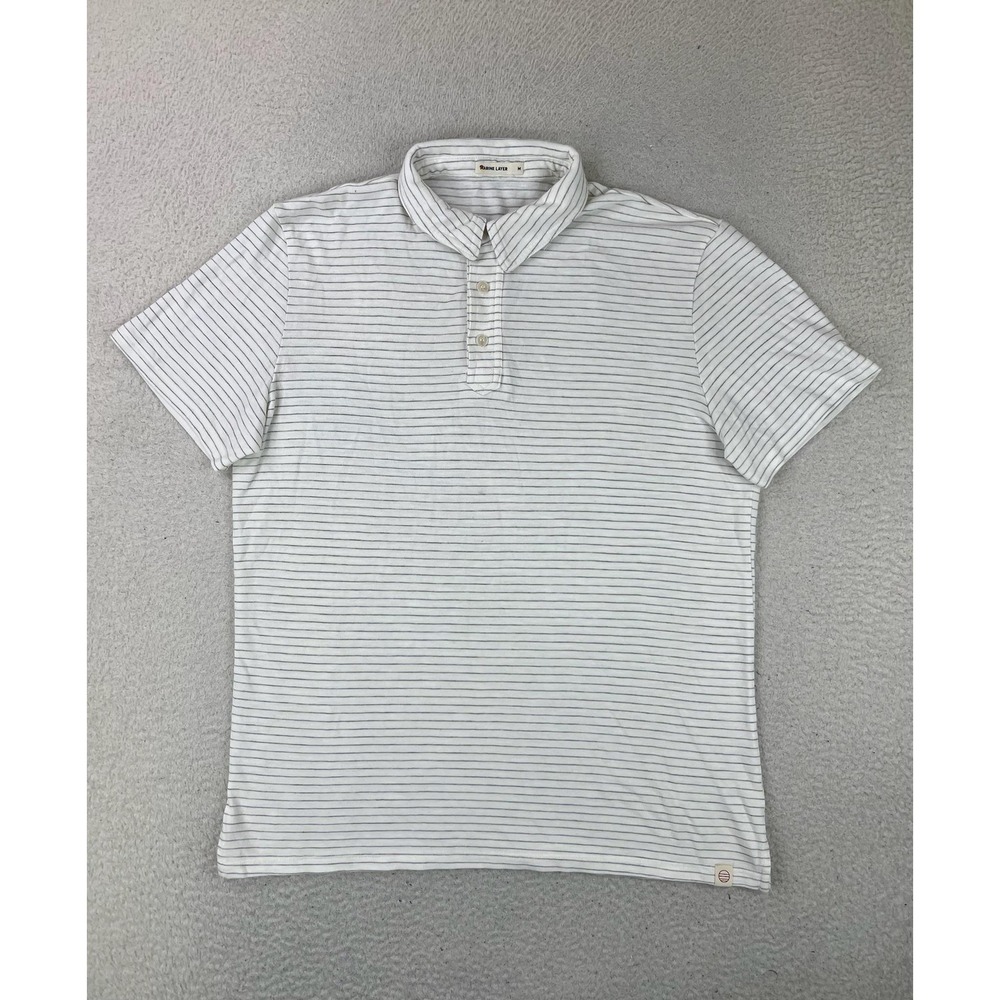 Marine Layer Mens Polo Shirt Medium White Striped Short Sleeve 15786